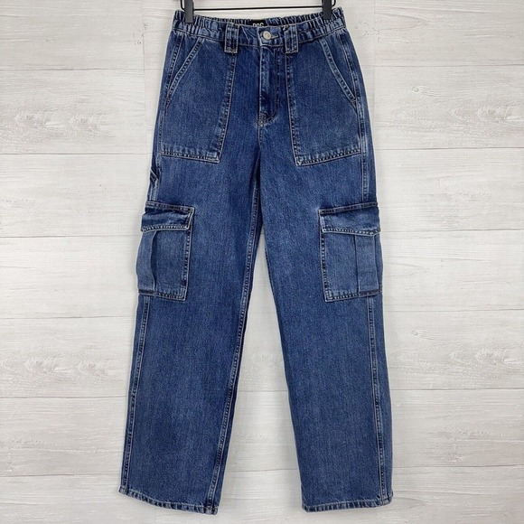 BDG Urban Outfitters Cargo Skate Jeans Women Sz 27 Blue Elastic Waist Wide Leg - Picture 2 of 16